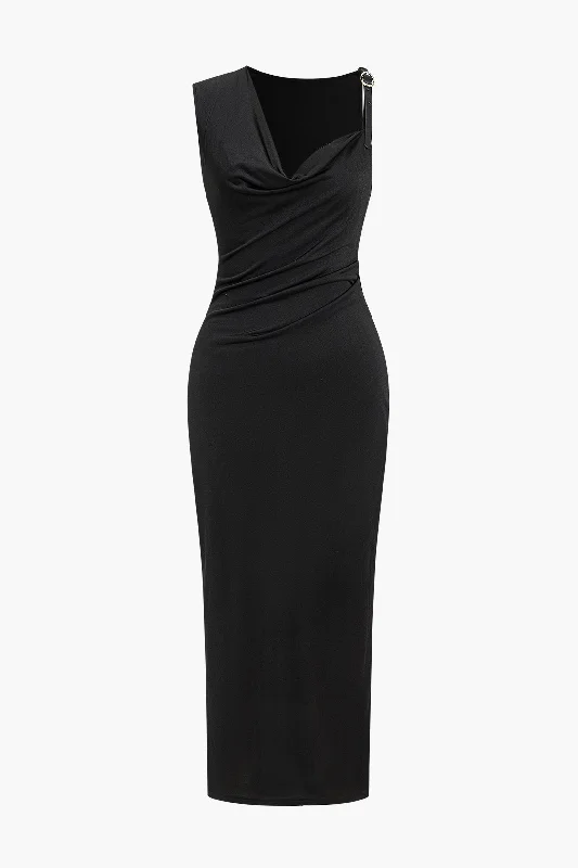 Solid V-Neck Irregular Midi Dress