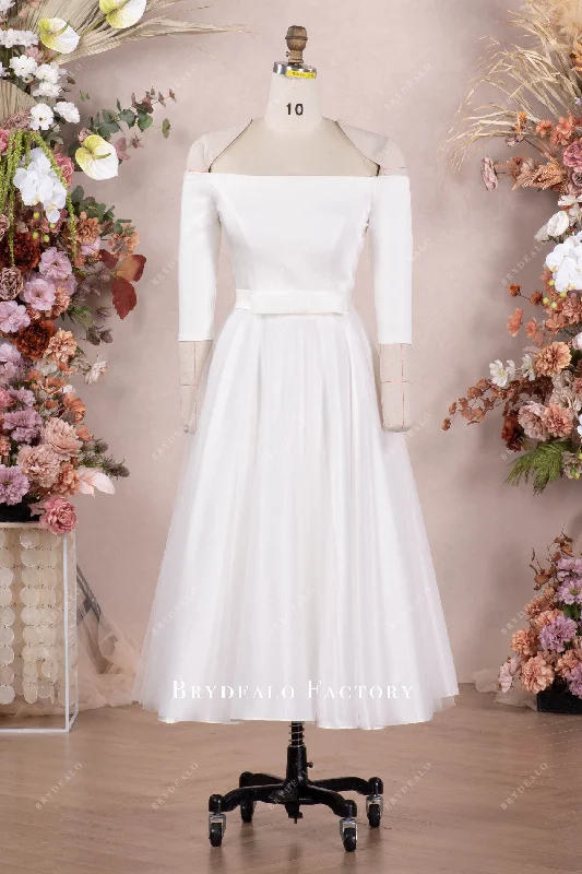 Casual White Three-Quarter Sleeves Tea Length Bridal Dress