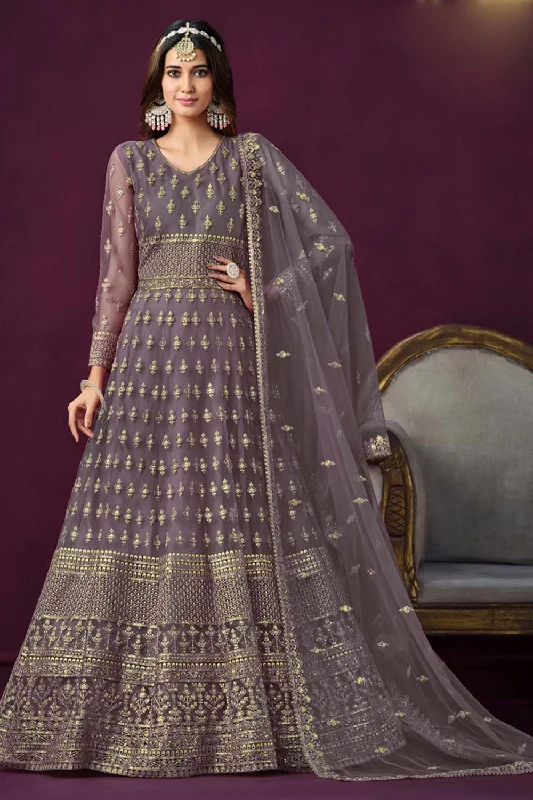 Grey Net Resham_Embroidery Full Sleeve V Neck Anarkali Salwar Kameez