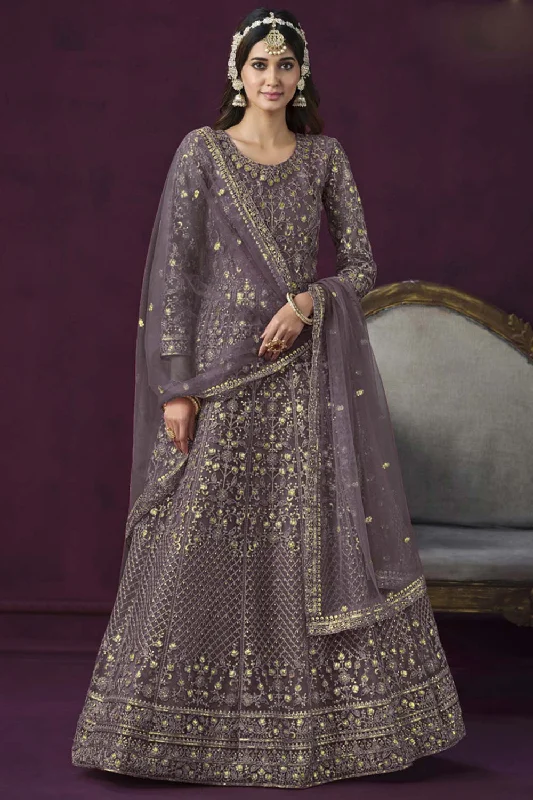 Purple Net Resham_Embroidery Full Sleeve Round Neck Anarkali Salwar Kameez