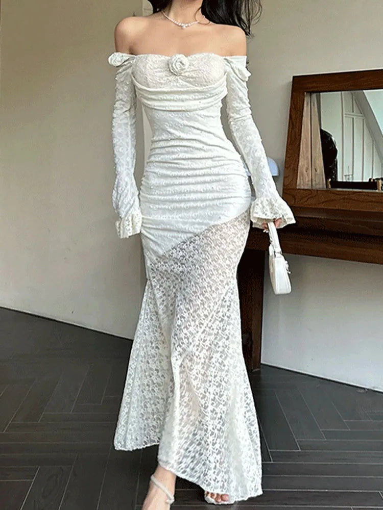 Lizakosht Lace Long Dresses Women French Elegant Square Collar Mermaid Dress Female Long Sleeve Off Shoulder Bodycon Evening Party Dresses